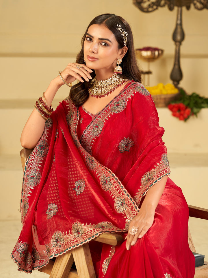 Rani Pink Designer Fendy Satin Saree with Heavy Embroidered Border | Elegant Festive Party Wear Saree with Floral Embroidery & Matching Blouse
