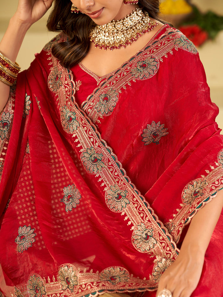 Rani Pink Designer Fendy Satin Saree with Heavy Embroidered Border | Elegant Festive Party Wear Saree with Floral Embroidery & Matching Blouse