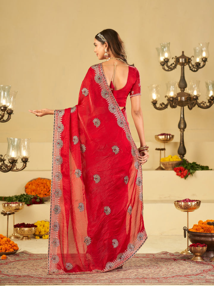 Rani Pink Designer Fendy Satin Saree with Heavy Embroidered Border | Elegant Festive Party Wear Saree with Floral Embroidery & Matching Blouse