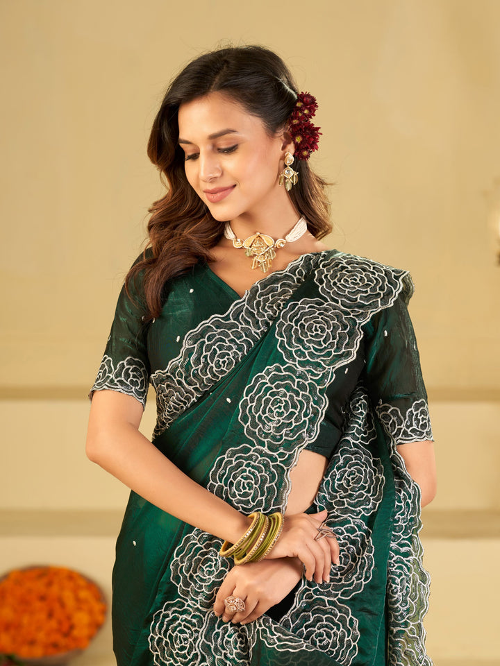 Bottle Green Fendy Satin Saree with White Floral Embroidery Border | Elegant Designer Party Wear Saree with Blouse
