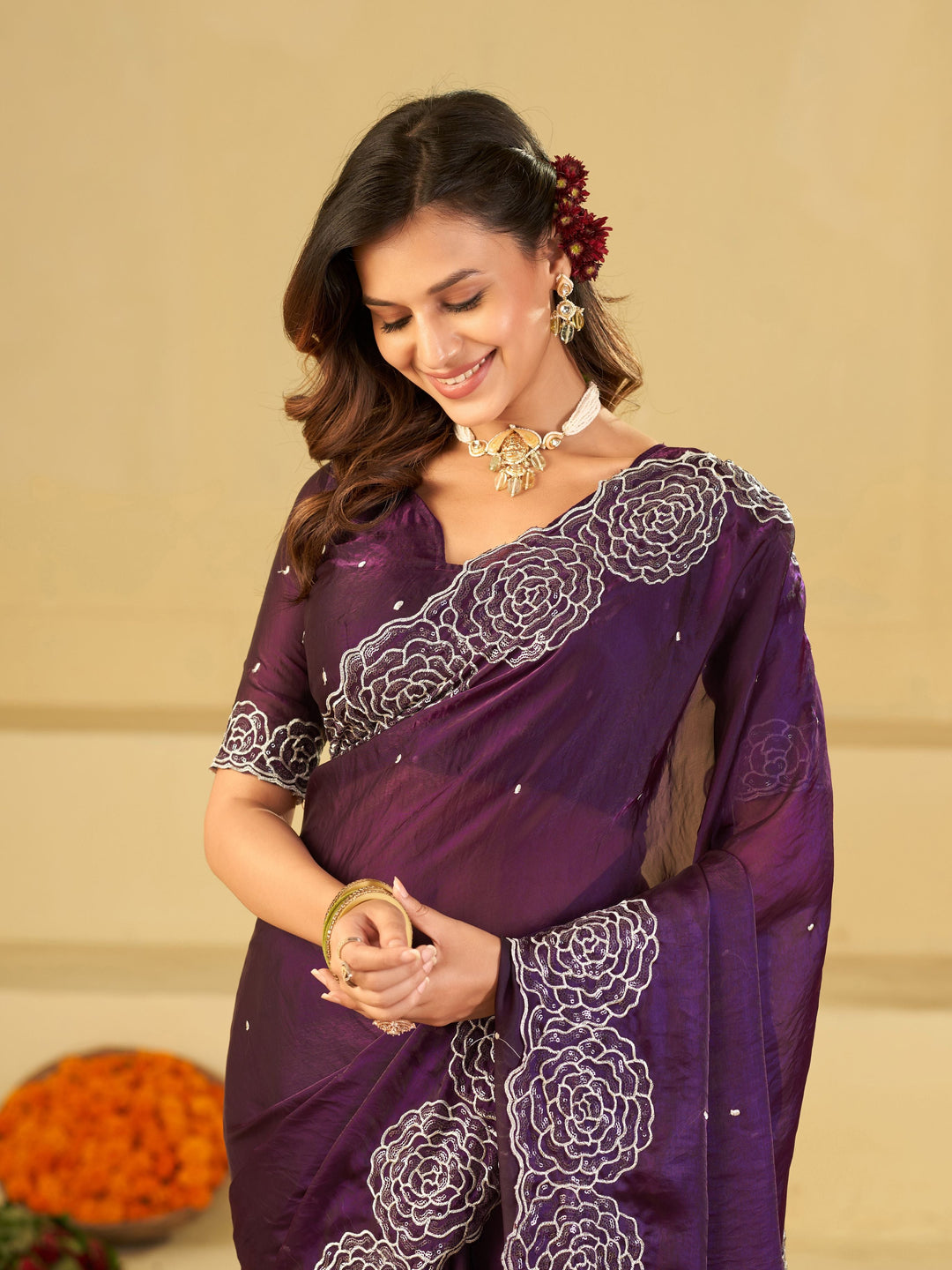 Royal Purple Fendy Satin Saree with White Floral Embroidery Border | Elegant Designer Party Wear Saree with Blouse