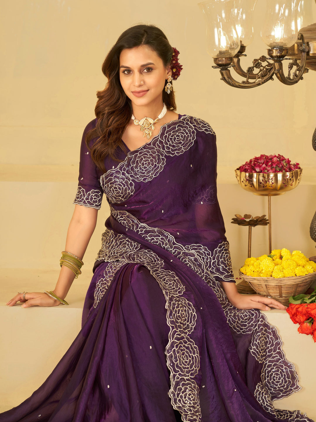 Royal Purple Fendy Satin Saree with White Floral Embroidery Border | Elegant Designer Party Wear Saree with Blouse