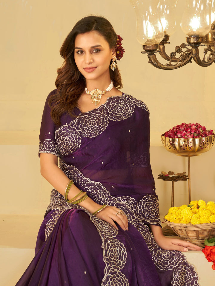 Royal Purple Fendy Satin Saree with White Floral Embroidery Border | Elegant Designer Party Wear Saree with Blouse