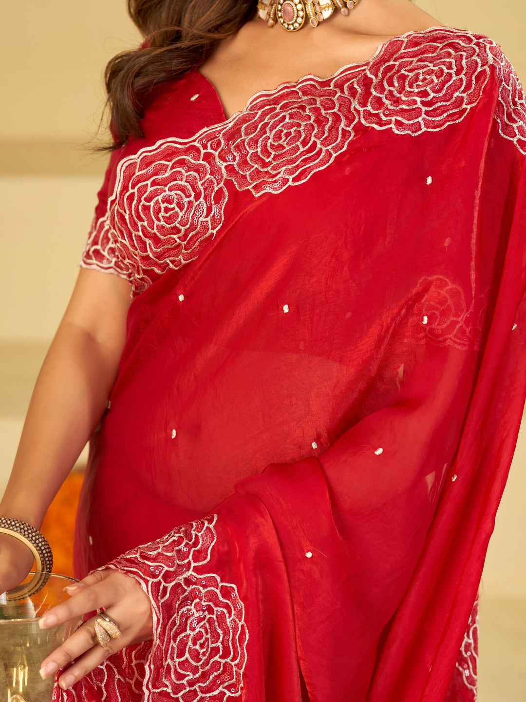 Ruby Red Fendy Satin Saree with White Floral Embroidery Border | Designer Party Wear Saree with Matching Blouse