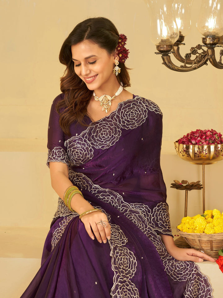 Royal Purple Fendy Satin Saree with White Floral Embroidery Border | Elegant Designer Party Wear Saree with Blouse