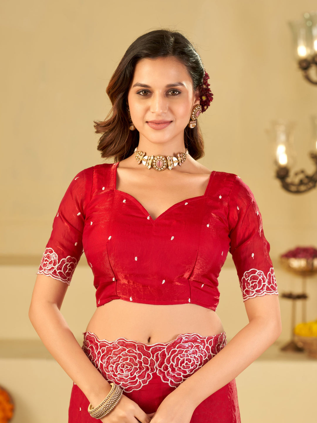 Ruby Red Fendy Satin Saree with White Floral Embroidery Border | Designer Party Wear Saree with Matching Blouse