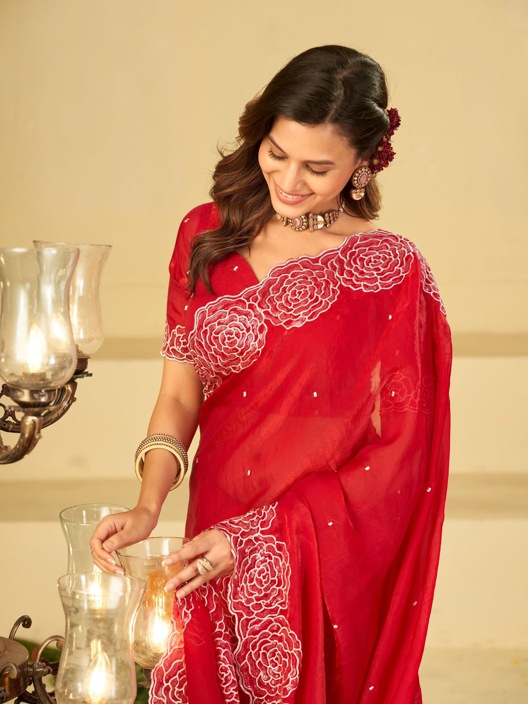 Ruby Red Fendy Satin Saree with White Floral Embroidery Border | Designer Party Wear Saree with Matching Blouse