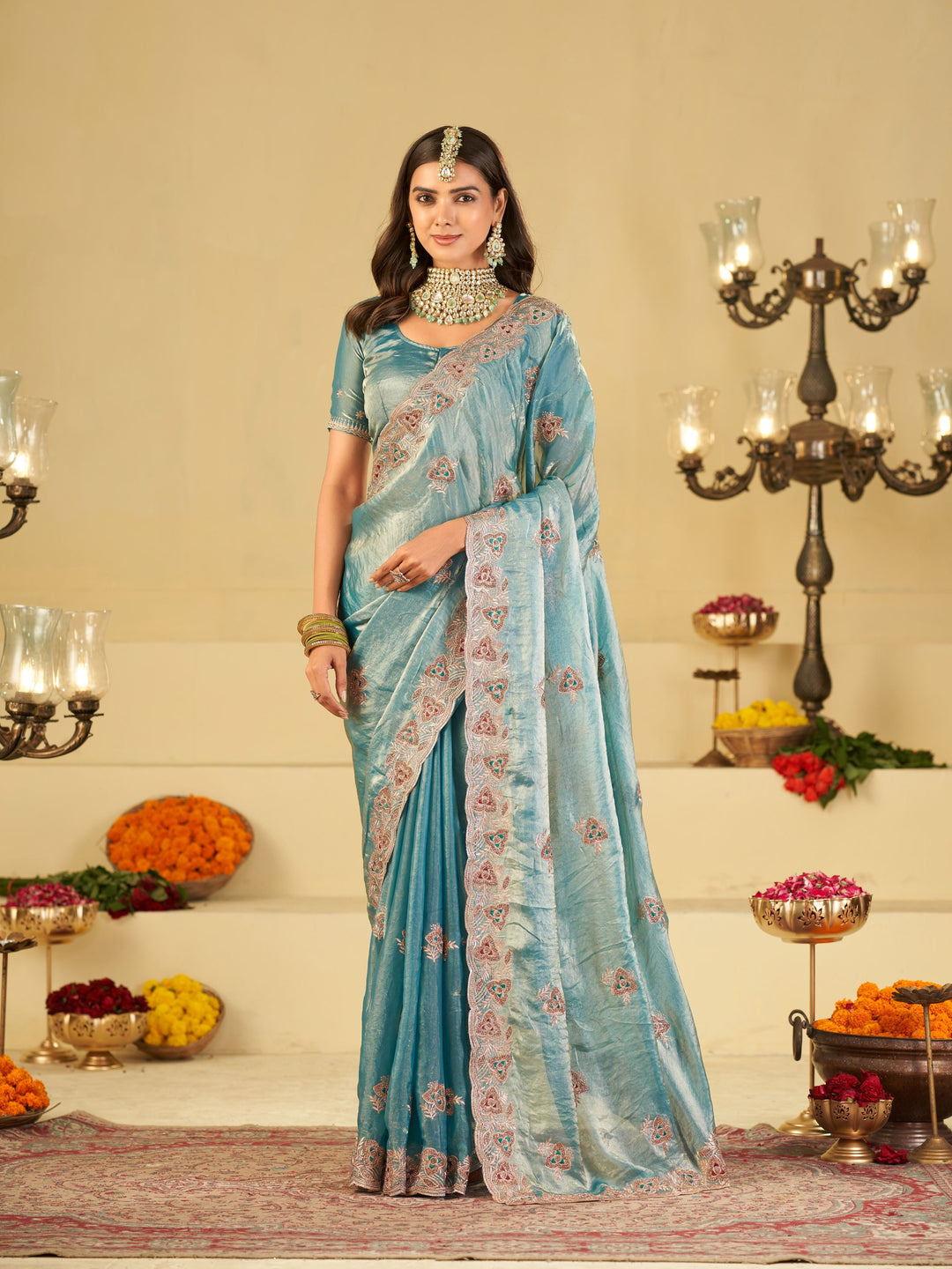 Sky Blue Designer Fendy Satin Saree with Heavy Embroidered Border | Elegant Festive Party Wear Saree with Intricate Embroidery & Matching Blouse