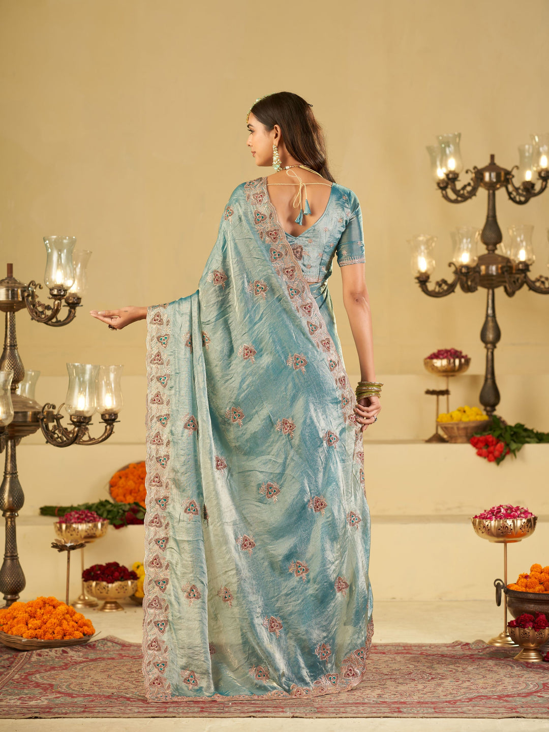 Sky Blue Designer Fendy Satin Saree with Heavy Embroidered Border | Elegant Festive Party Wear Saree with Intricate Embroidery & Matching Blouse