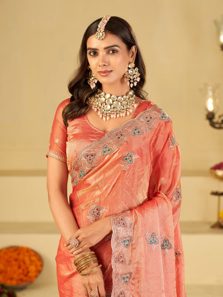 Peach Pink Designer Fendy Satin Saree with Heavy Embroidered Border | Elegant Party Wear Ethnic Saree with Intricate Embroidery & Matching Blouse