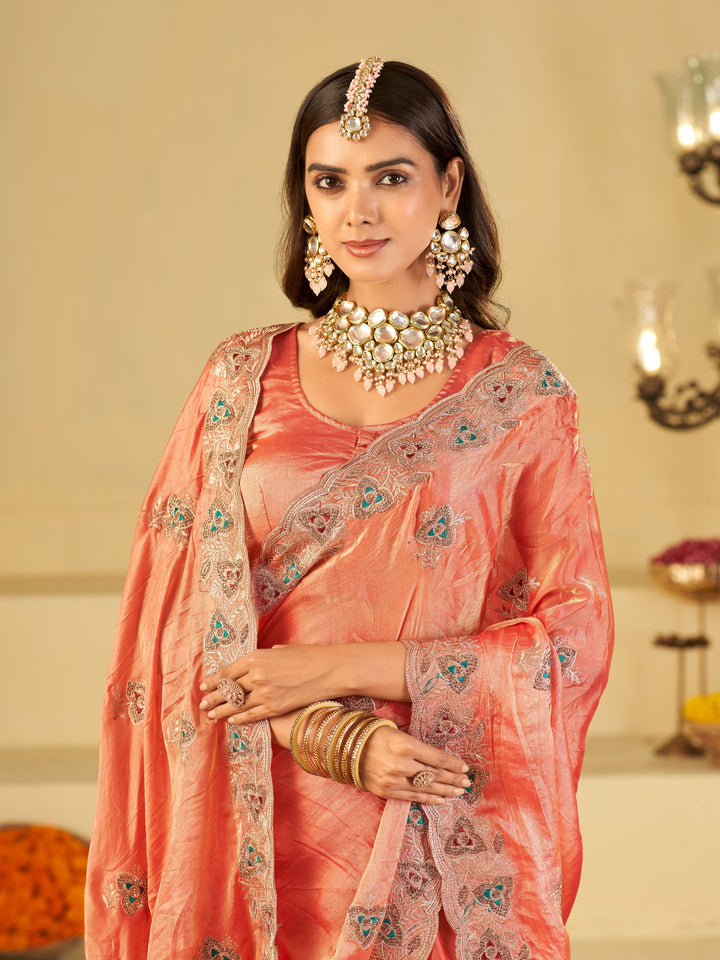 Peach Pink Designer Fendy Satin Saree with Heavy Embroidered Border | Elegant Party Wear Ethnic Saree with Intricate Embroidery & Matching Blouse
