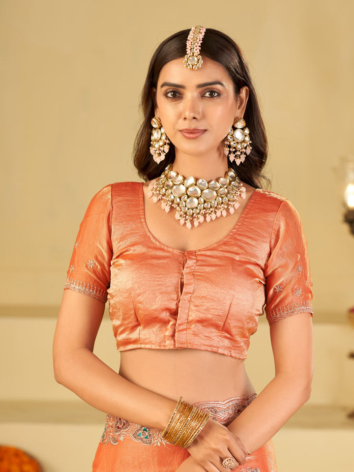 Peach Designer Fendy Satin Saree with Heavy Embroidered Border | Elegant Festive Party Wear Saree with Intricate Embroidery & Matching Blouse
