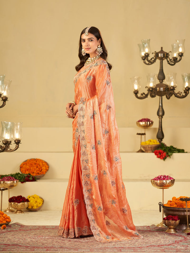 Peach Designer Fendy Satin Saree with Heavy Embroidered Border | Elegant Festive Party Wear Saree with Intricate Embroidery & Matching Blouse