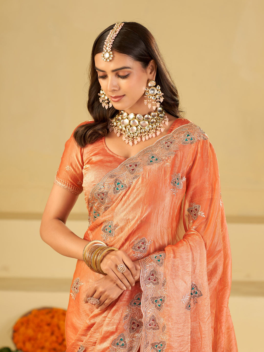 Peach Designer Fendy Satin Saree with Heavy Embroidered Border | Elegant Festive Party Wear Saree with Intricate Embroidery & Matching Blouse