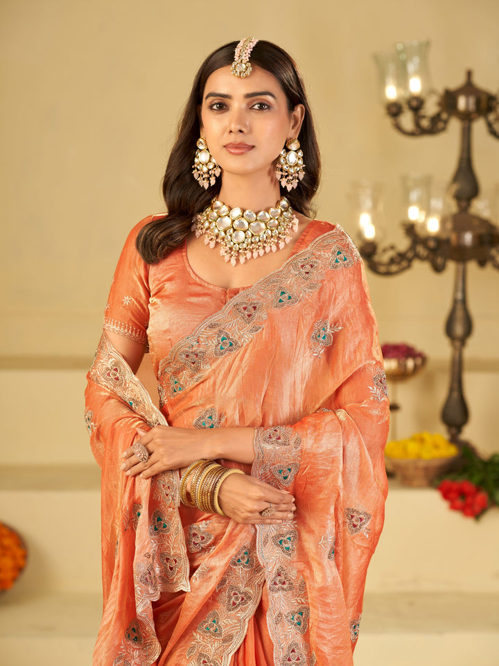 Peach Designer Fendy Satin Saree with Heavy Embroidered Border | Elegant Festive Party Wear Saree with Intricate Embroidery & Matching Blouse
