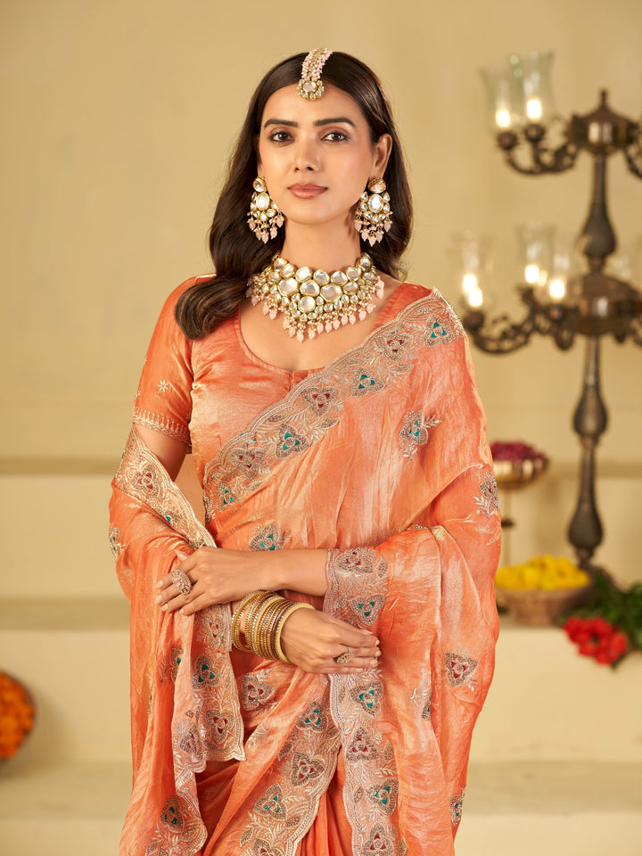 Peach Designer Fendy Satin Saree with Heavy Embroidered Border | Elegant Festive Party Wear Saree with Intricate Embroidery & Matching Blouse