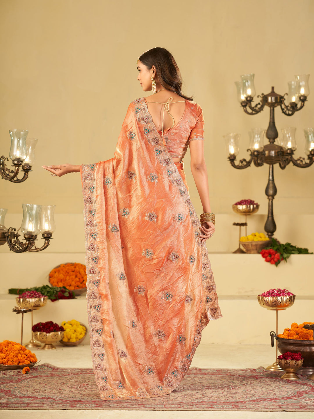 Peach Designer Fendy Satin Saree with Heavy Embroidered Border | Elegant Festive Party Wear Saree with Intricate Embroidery & Matching Blouse