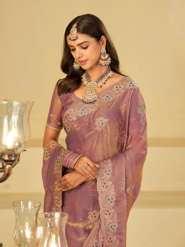 Lavender Designer Fendy Satin Saree with Heavy Embroidered Border | Elegant Party Wear Festive Saree with Intricate Embroidery & Matching Blouse