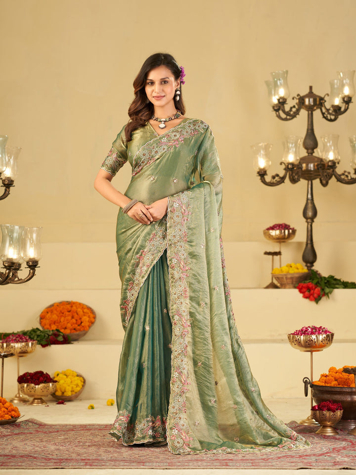 Sage Green Fendy Satin Saree with Floral Embroidery Border | Designer Party Wear Embroidered Saree with Blouse
