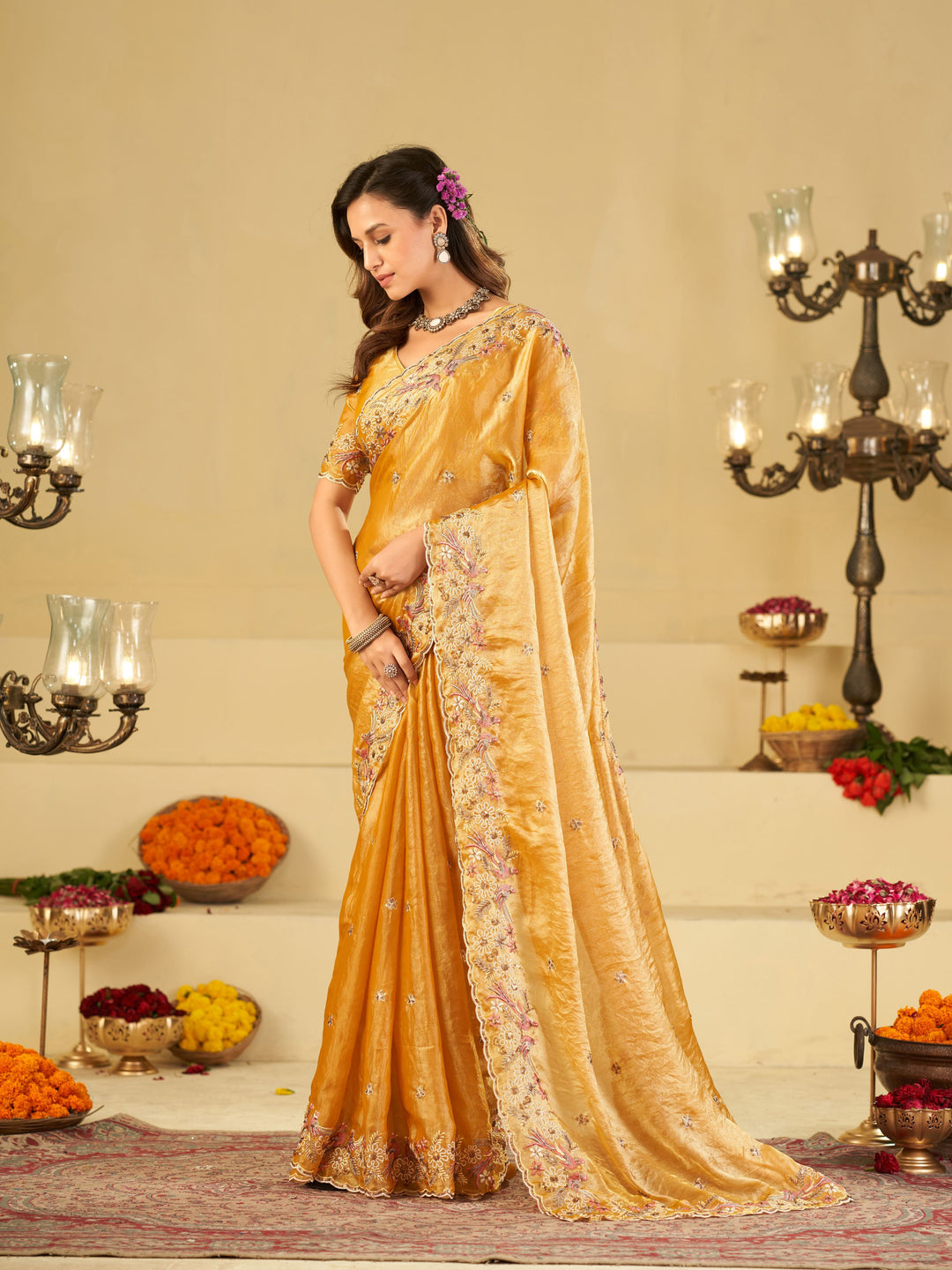 Mustard Yellow Fendy Satin Saree with Floral Embroidery Border | Designer Embroidered Party Wear Saree with Blouse
