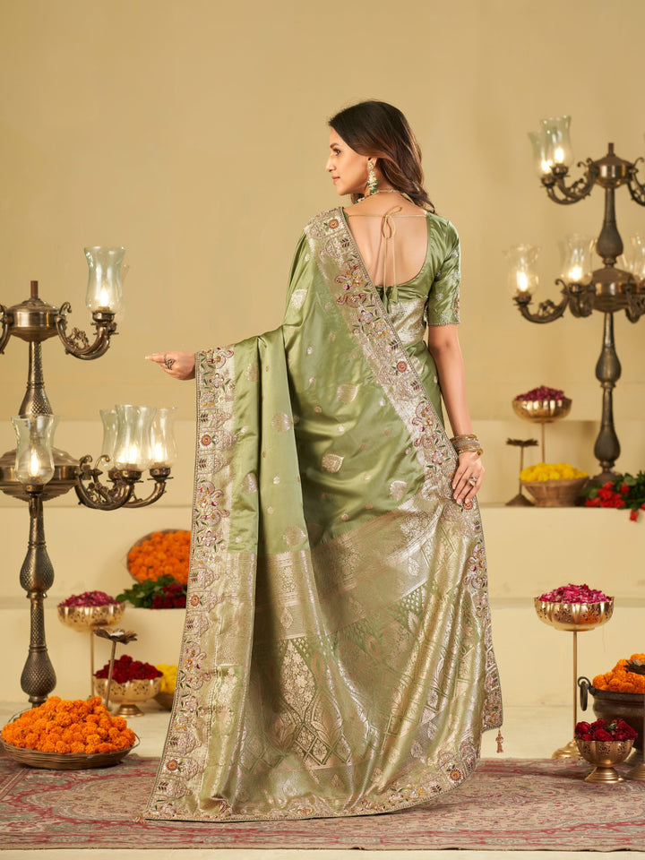 Pista Green Banarasi Silk Saree with Floral Embroidered Border & Rich Zari Weaving | Designer Festive Wedding Saree
