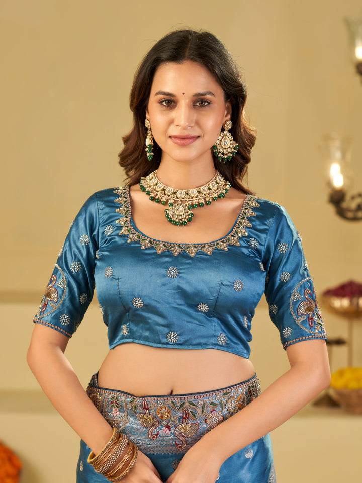 Royal Sky Blue Banarasi Silk Saree with Floral Embroidered Border & Rich Zari Woven Pallu | Designer Wedding Festive Saree