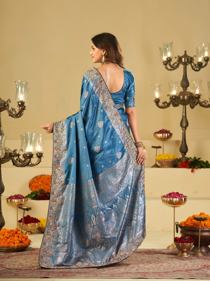Royal Sky Blue Banarasi Silk Saree with Floral Embroidered Border & Rich Zari Woven Pallu | Designer Wedding Festive Saree