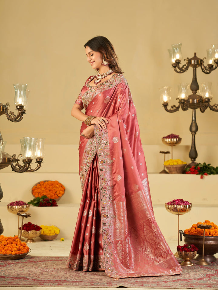 Rose Pink Banarasi Silk Saree with Floral Embroidered Border & Rich Zari Weaving | Designer Wedding Festive Saree