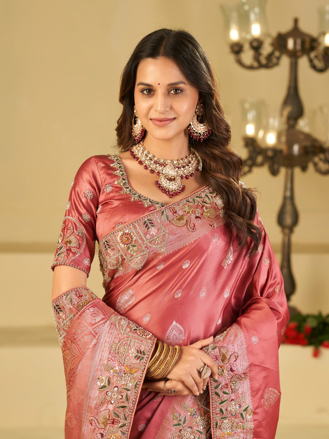 Rose Pink Banarasi Silk Saree with Floral Embroidered Border & Rich Zari Weaving | Designer Wedding Festive Saree