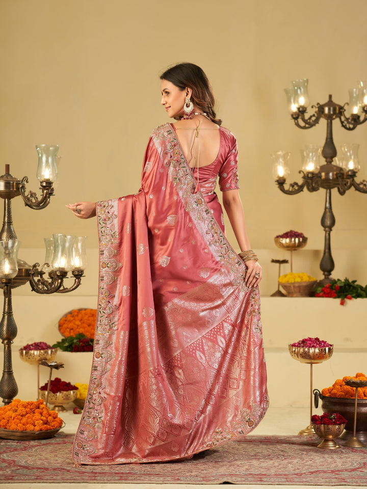 Rose Pink Banarasi Silk Saree with Floral Embroidered Border & Rich Zari Weaving | Designer Wedding Festive Saree