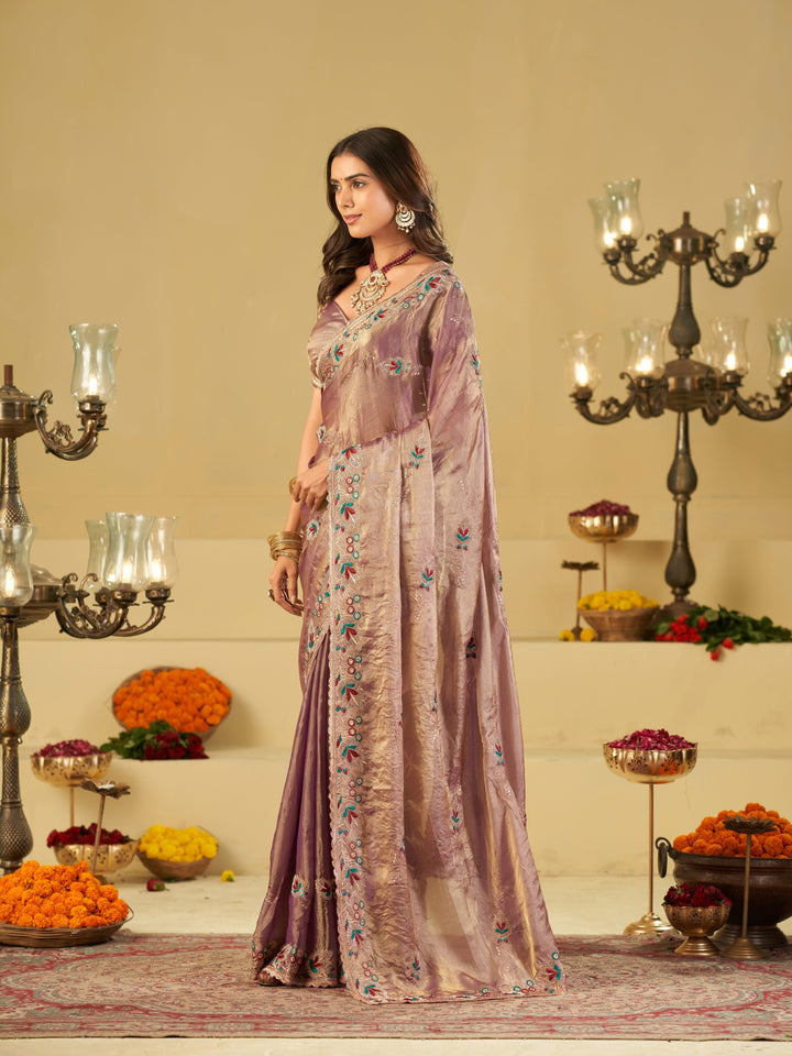Lavender Designer Fendy Satin Saree with Multicolor Floral Embroidered Border & Elegant Thread Work | Premium Festive Party Wear Saree