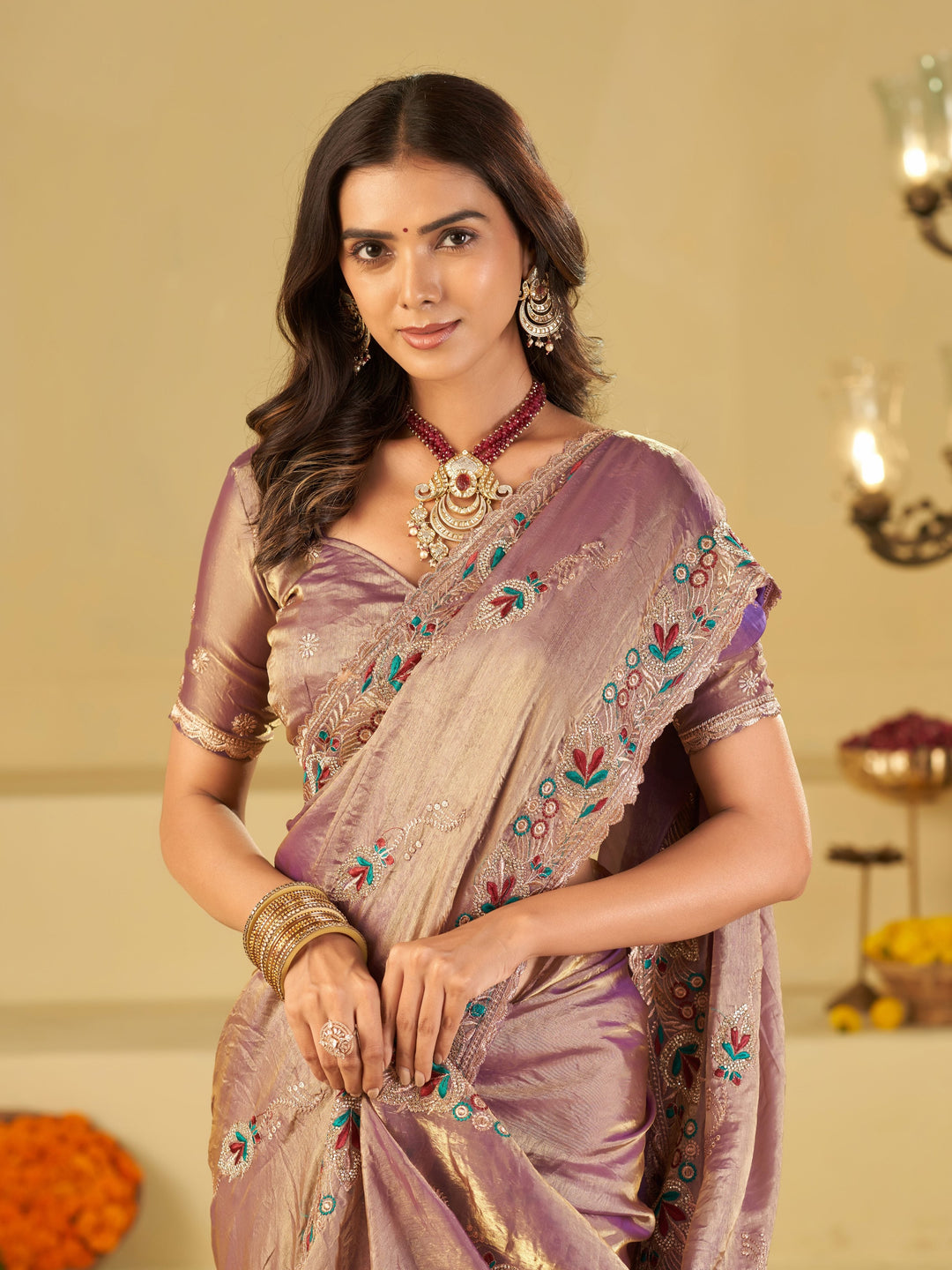 Lavender Designer Fendy Satin Saree with Multicolor Floral Embroidered Border & Elegant Thread Work | Premium Festive Party Wear Saree