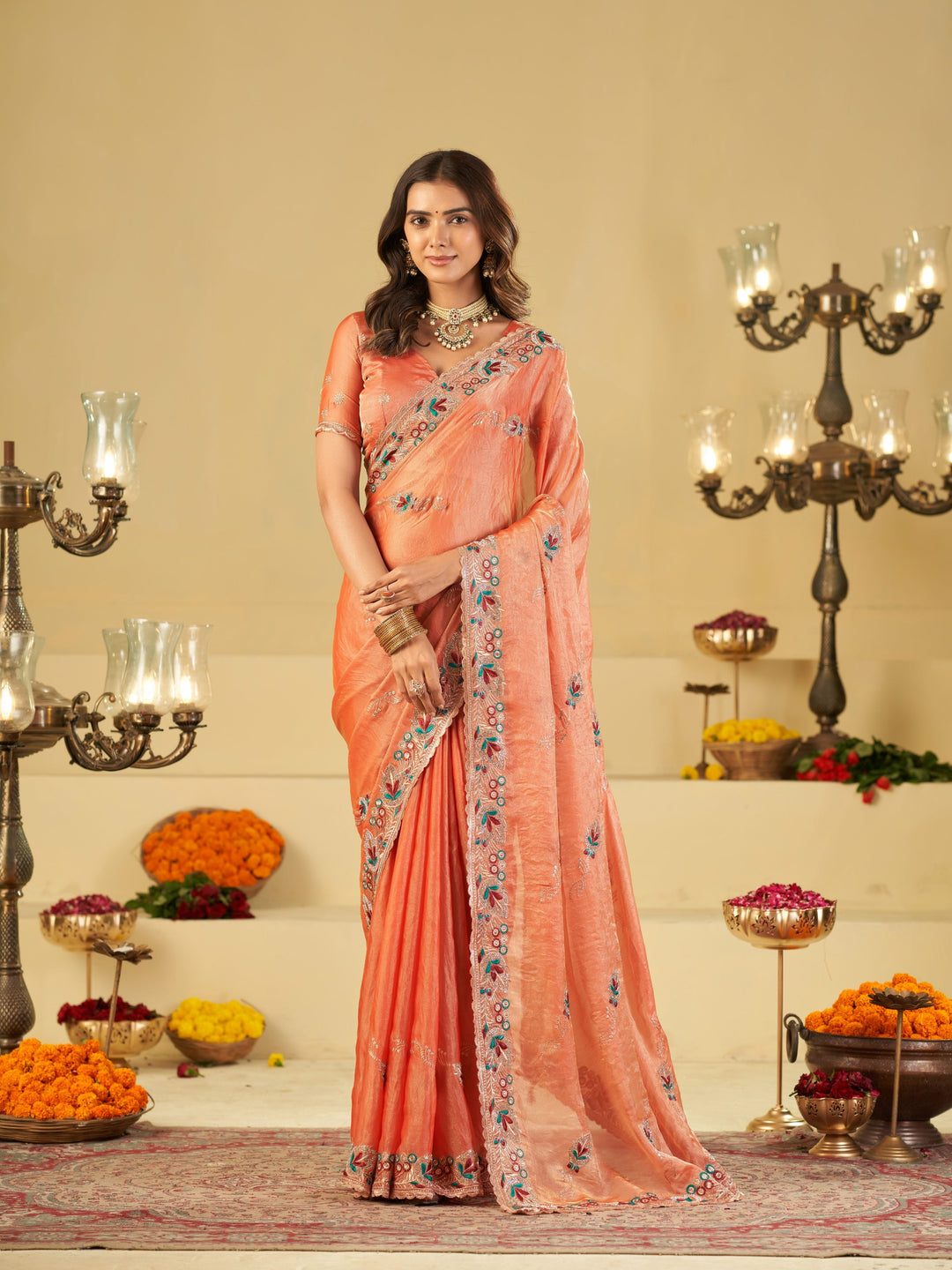 Peach Designer Fendy Satin Saree with Floral Embroidered Border & Elegant Thread Work | Premium Festive Party Wear Saree