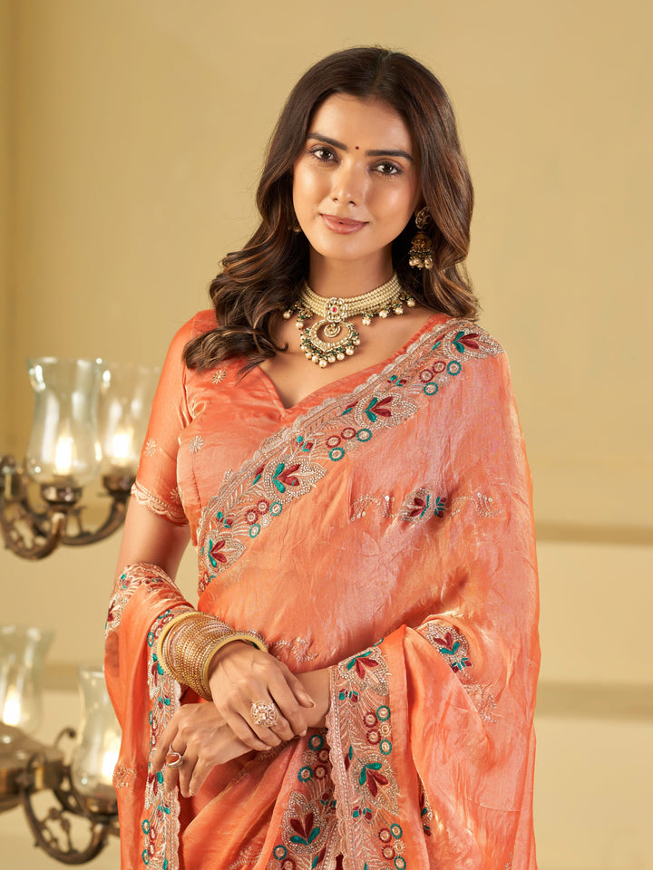 Peach Designer Fendy Satin Saree with Floral Embroidered Border & Elegant Thread Work | Premium Festive Party Wear Saree