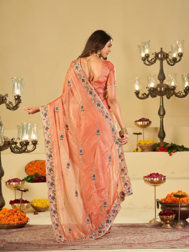 Peach Designer Fendy Satin Saree with Floral Embroidered Border & Elegant Thread Work | Premium Festive Party Wear Saree