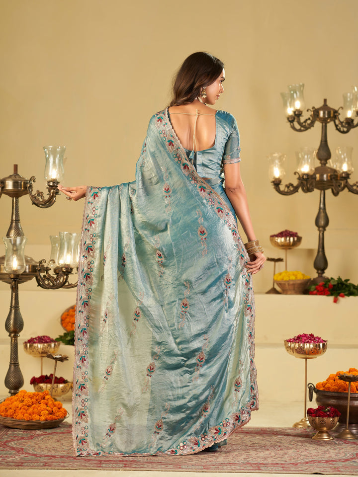 Sky Blue Designer Fendy Satin Saree with Floral Embroidered Border & Intricate Thread Work | Elegant Festive Party Wear Saree