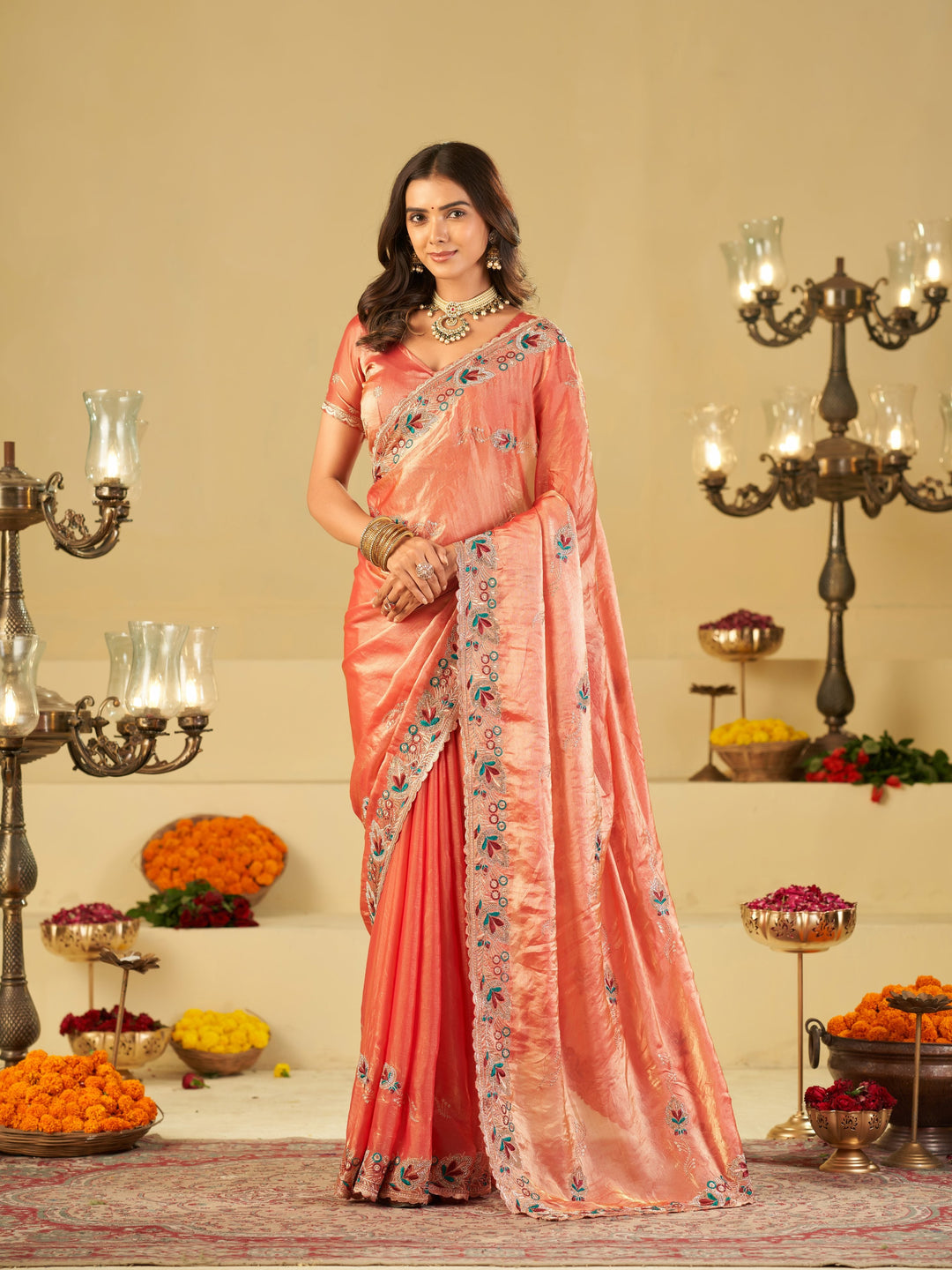 Coral Peach Designer Fendy Satin Saree with Floral Embroidered Border & Elegant Thread Work | Premium Festive Party Wear Saree