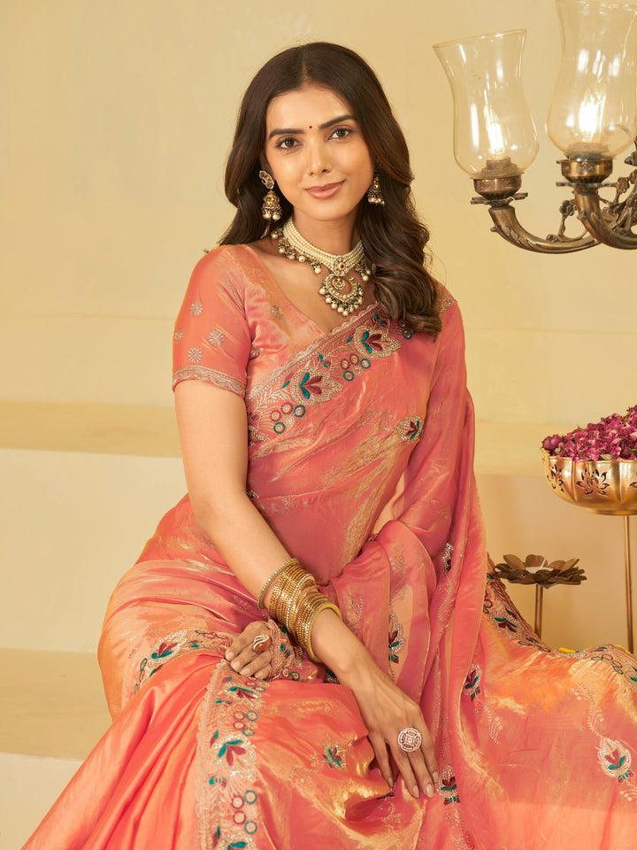 Coral Peach Designer Fendy Satin Saree with Floral Embroidered Border & Elegant Thread Work | Premium Festive Party Wear Saree