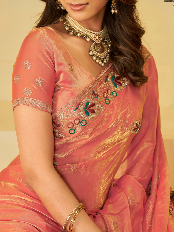 Coral Peach Designer Fendy Satin Saree with Floral Embroidered Border & Elegant Thread Work | Premium Festive Party Wear Saree