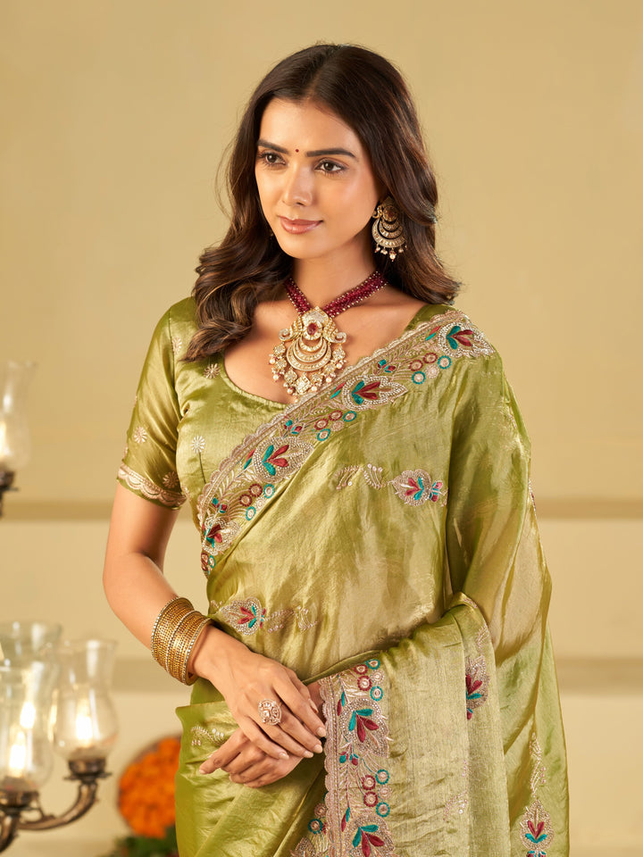 Olive Green Designer Fendy Satin Saree with Floral Embroidered Border & Multicolor Thread Work | Premium Festive Party Wear Saree