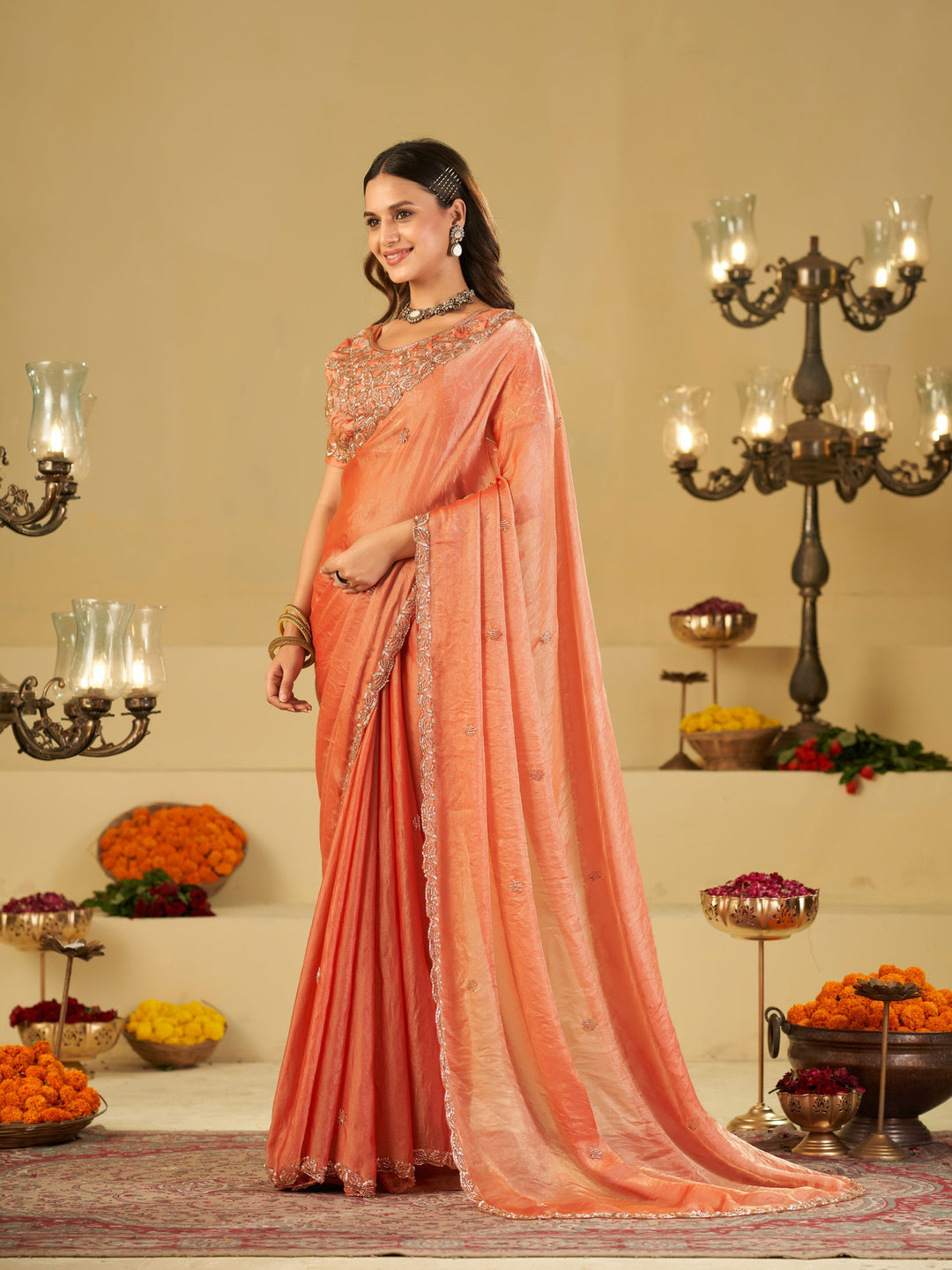 Peach Designer Fendy Satin Saree with Heavy Embroidered Blouse & Sequin Border | Elegant Wedding & Festive Saree