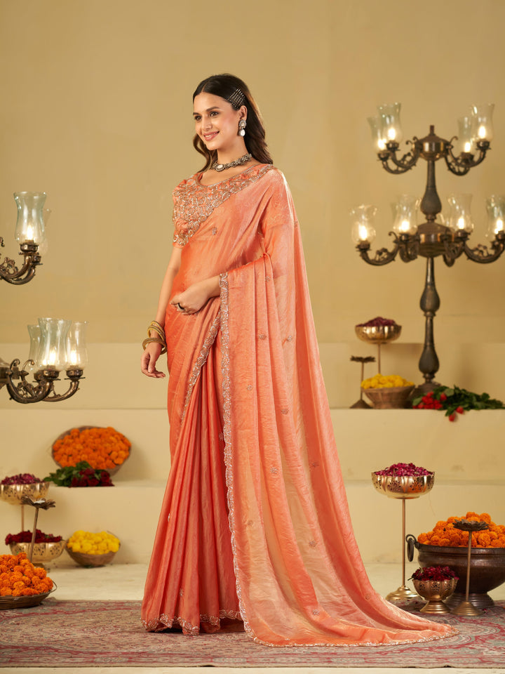 Peach Designer Fendy Satin Saree with Heavy Embroidered Blouse & Sequin Border | Elegant Wedding & Festive Saree