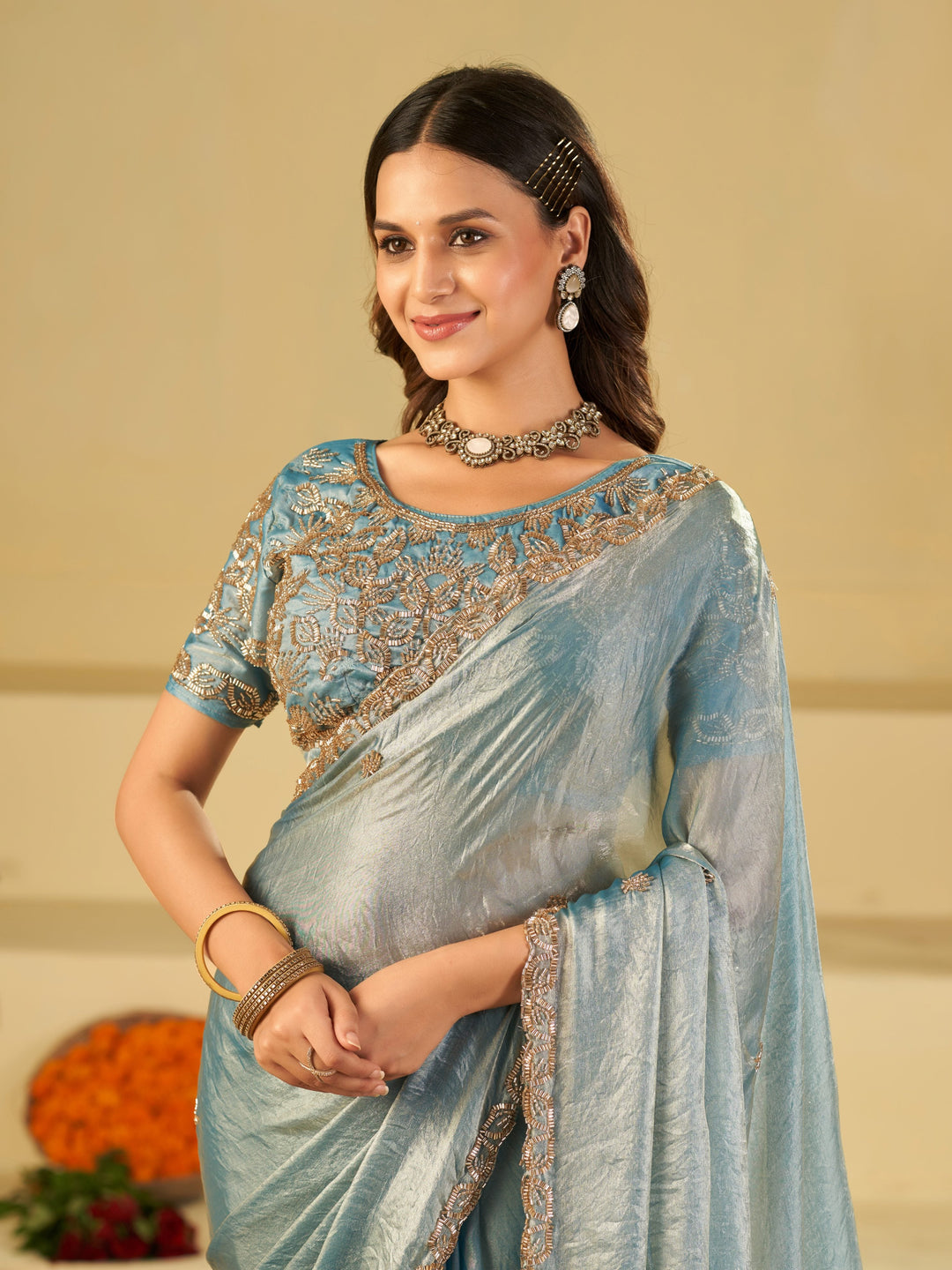 Sky Blue Designer Fendy Satin Saree with Heavy Embroidered Blouse & Sequin Border | Elegant Festive & Wedding Saree