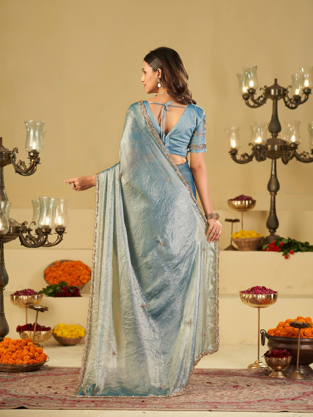 Sky Blue Designer Fendy Satin Saree with Heavy Embroidered Blouse & Sequin Border | Elegant Festive & Wedding Saree