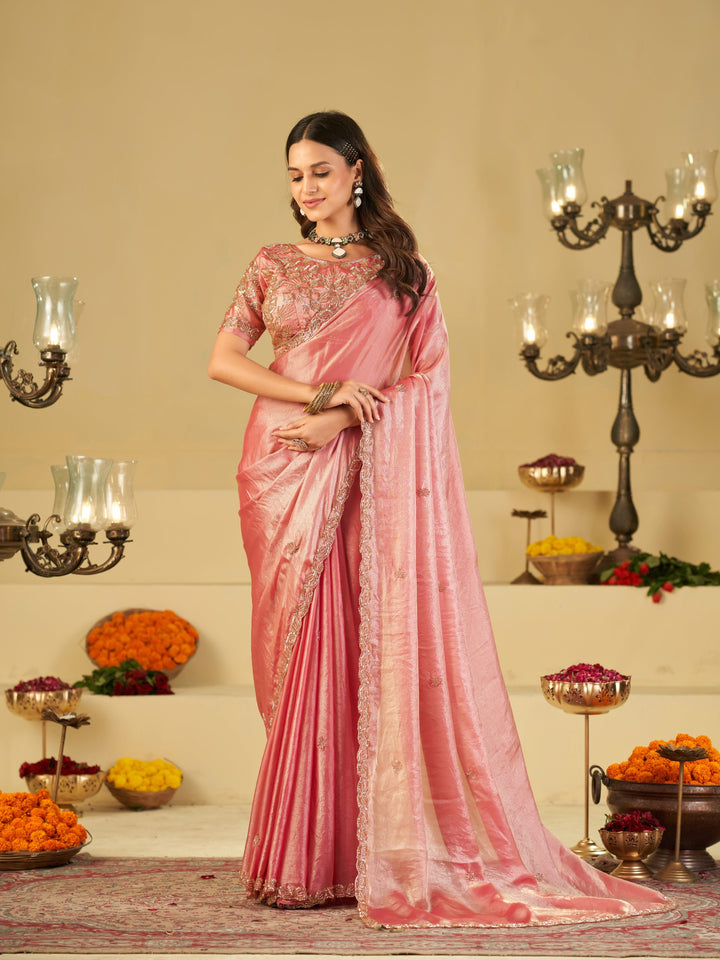 Baby Pink Designer Fendy Satin Saree with Heavy Embroidered Blouse & Sequin Border | Premium Wedding & Festive Saree
