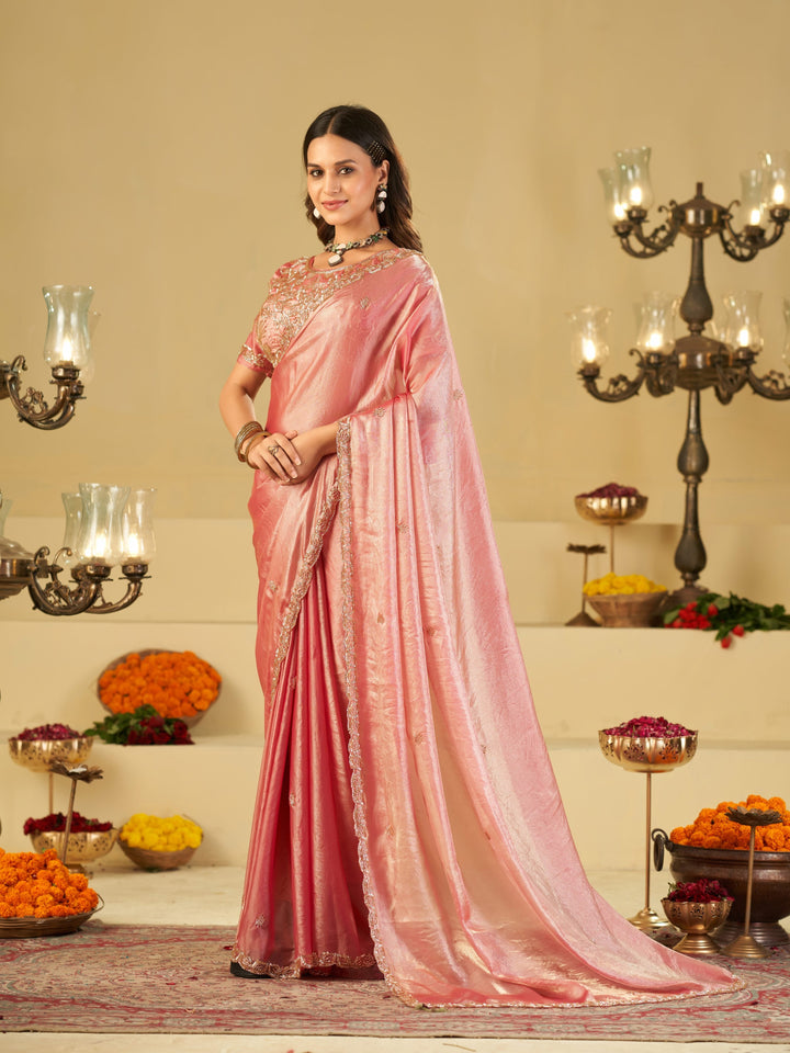 Baby Pink Designer Fendy Satin Saree with Heavy Embroidered Blouse & Sequin Border | Premium Wedding & Festive Saree
