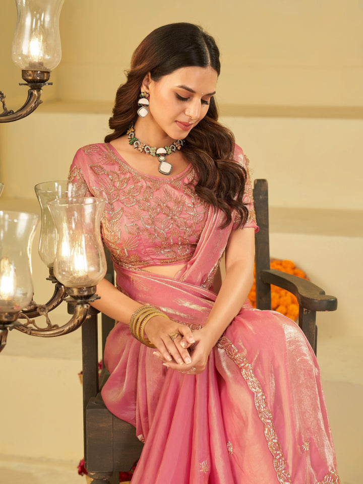 Baby Pink Designer Fendy Satin Saree with Heavy Embroidered Blouse & Sequin Border | Premium Wedding & Festive Saree