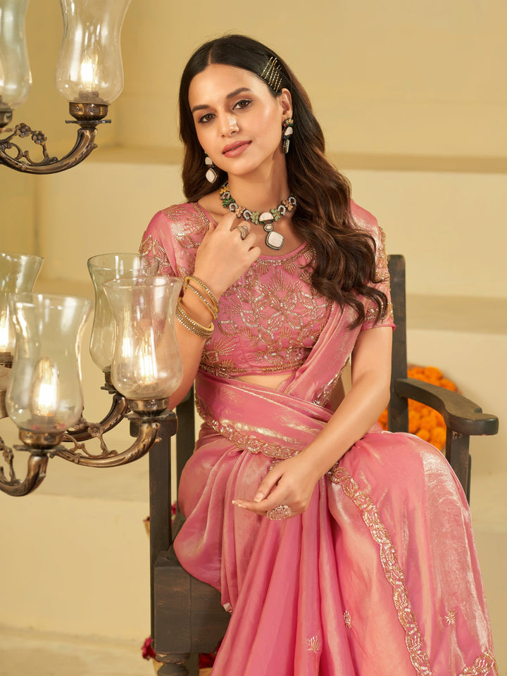 Baby Pink Designer Fendy Satin Saree with Heavy Embroidered Blouse & Sequin Border | Premium Wedding & Festive Saree