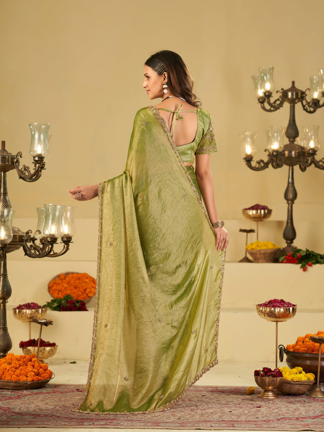 Pista Green Designer Fendy Satin Saree with Heavy Embroidered Blouse & Sequin Border | Premium Festive Wedding Saree