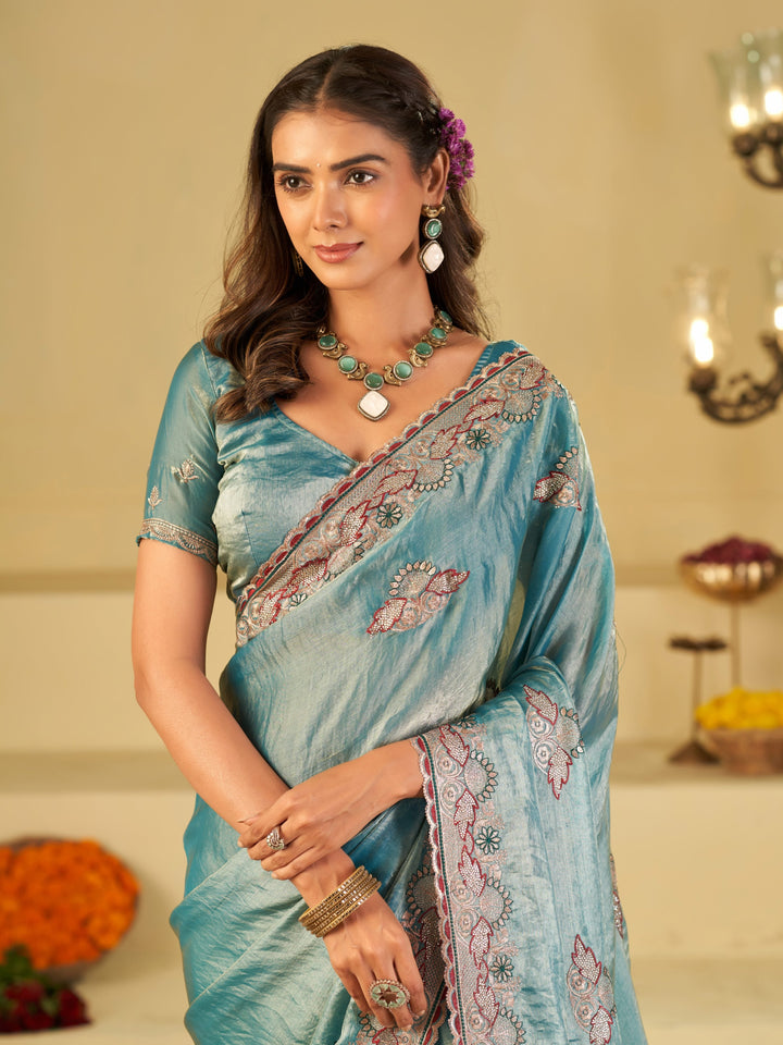 Sky Blue Designer Fendy Satin Saree with Floral Embroidered Border & Elegant Thread Work | Premium Festive Party Wear Saree
